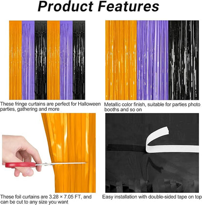 4 Pack Halloween Decorations, 3.28 FT x 7.05 FT Orange Purple Black Party Streamer, Funny Photo Backdrop Foil Curtains Fringe Tinsel, Halloween Door Decor Party Supplies Indoor