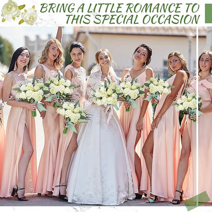 Zeyune 12 Pack Wedding Bridesmaids Bouquets 7 Inch Artificial Rose Bouquets Silk Flowers with Stems Fake Floral Bundles Bulk for Wedding Bridal Shower Party Centerpieces Home Decor(White Green)