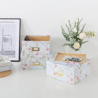 Soul & Lane Decorative Cardboard Storage Boxes - Set of 3 Square Stacking Boxes with Lids and Gold Label Holders, Nesting Photo Storage for Decor and Organizing, Pale Blue