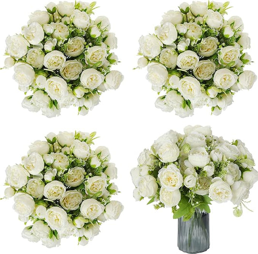 Sumind 16 Bundles Peonies Artificial Flowers Bulk Wedding Silk Faux Flowers with Stems Faux Peony Wedding Bouquets for Bride Florals Arrangements Decor for Table Centerpiece Vase Decoration(White)