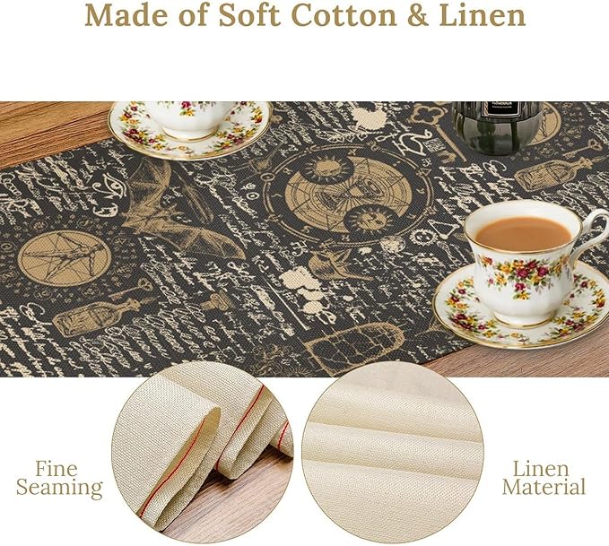 Gothic Table Runner,Black Gold Vintage Theme Print Table Runner for Home Kitchen Table Dining Garden Farmhouse Wedding Party Decor 13x120 Inch