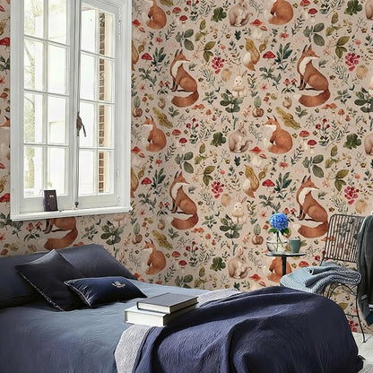 Animal Peel and Stick Contact Paper Moody Fox Rabbit Mushroom Botanical Leaf Removable Wallpaper 17.7" x 118.11" Wall Paper Watercolor Self Adhesive for classroom Bedroom laundry room bathroom