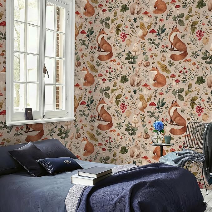 Animal Peel and Stick Contact Paper Moody Fox Rabbit Mushroom Botanical Leaf Removable Wallpaper 17.7" x 236.22" Wall Paper Watercolor Self Adhesive for classroom Bedroom laundry room bathroom