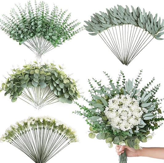 160Pcs Mixed Artificial Eucalyptus Stems and White Faux Flowers, Big Babys Breath and Eucalyptus Leaves Stems Bulk for DIY Wedding Bouquet Home Decor Floral Arrangement (Green 160Pcs)