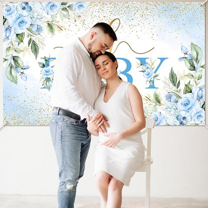 Mocsicka Oh Baby Backdrop Blue Floral Baby Shower Banner for Boys Party Decorations Photo Booth Props (Blue, 6x3.6ft)