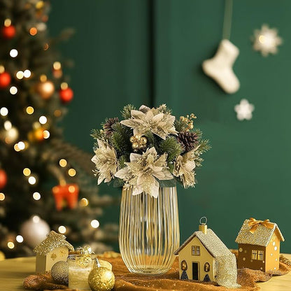 BLOSMON Christmas Poinsettia Centerpieces for Tables: 2 Pcs Gold Poinsettias Artificial Christmas Flower Balls Decoration - Fake Silk Xmas Holiday Floral Arrangements for Room Table Top