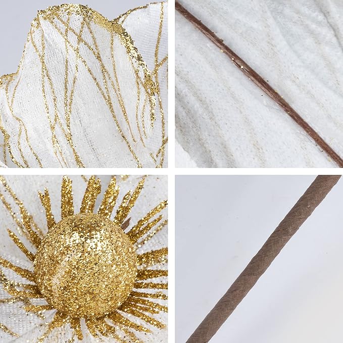 KI Store Christmas Poinsettia Artificial Velvet Magnolia Flower White and Gold Floral Picks Stems for Christmas Tree Decoration Pack of 6 for Xmas Tree Wedding Centerpiece