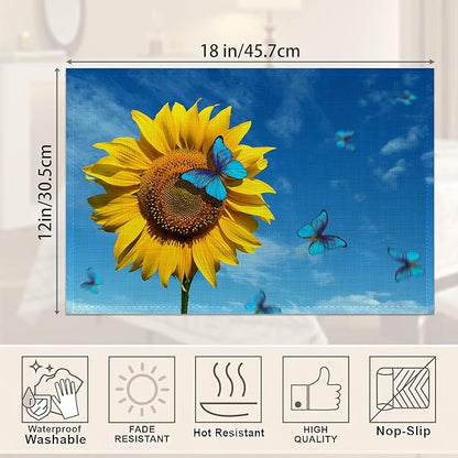 Placemats,Sunflower Blue Butterfly Placemats 12x18 Inch Waterproof Non-Slip Washable Table Mats for Kitchen Dining Party Table Decor,Set of 6