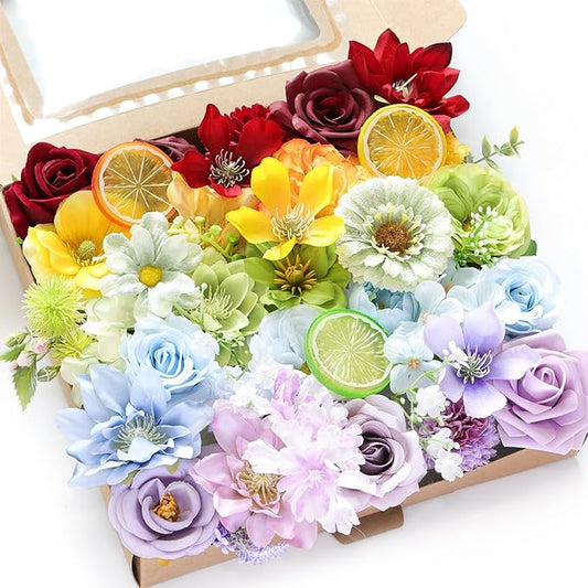Artificial Flower Box Set Silk Fake Flowers DIY Center Cake Decoration Wedding Bouquet Corsage Home Decor Outdoor Decor Gift (Small Rainbow Flower)