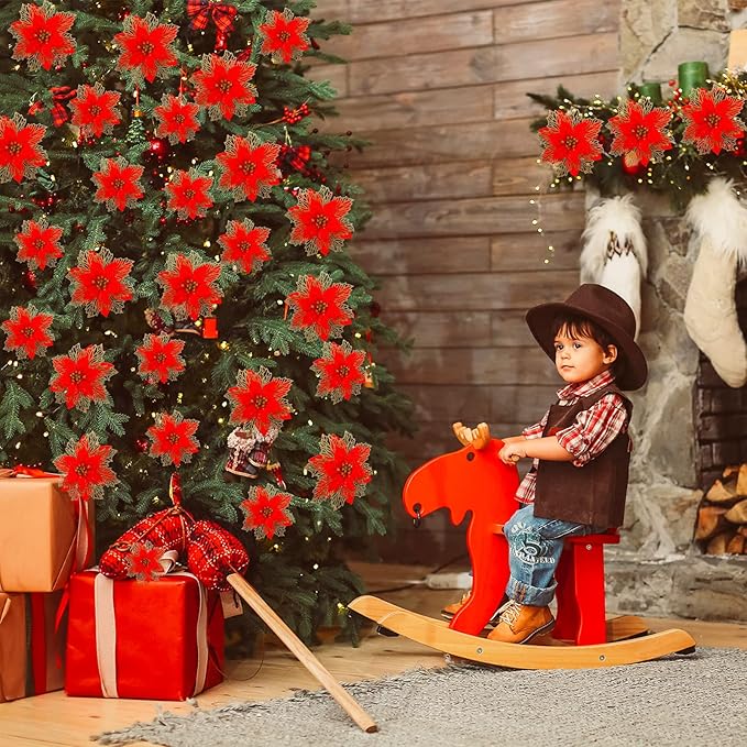 Geosar 24 Pieces Christmas Glitter Poinsettia Flowers Layered Artificial Xmas Flowers Wedding Christmas Tree New Year Ornaments 3/4/6 Inch(Red)