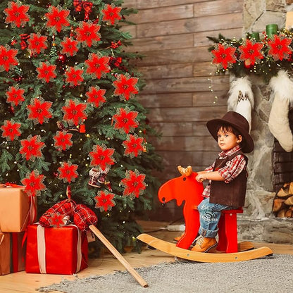 Geosar 24 Pieces Christmas Glitter Poinsettia Flowers Layered Artificial Xmas Flowers Wedding Christmas Tree New Year Ornaments 3/4/6 Inch(Red)