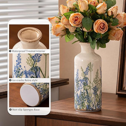 Ceramic Vase Set of 3, Vintage Blue Floral Beige Vases, Rustic Chinoiserie Decorative Vases for Wedding Decor, Wedding Gifts, Farmhouse Floral Vase for Home Decor, Living Room, Kitchen, Shelf Decor