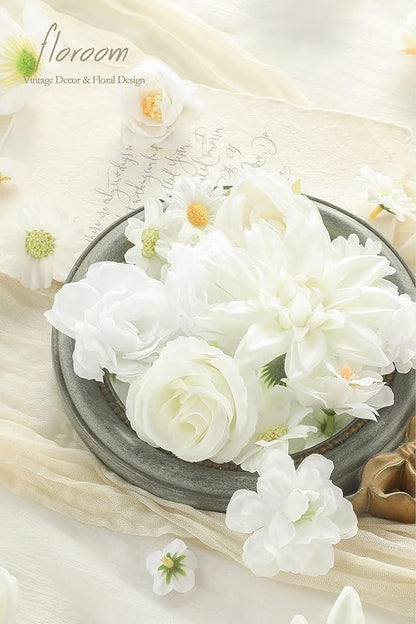 Floroom Mini Artificial Flower Heads Ivory & White Fake Peony Daisy Rose Multicolor Small Faux Silk Flower Heads for Cake Craft Garland Wedding Party Graduation Cap DIY Home Decoration, 0.8"-3.6"