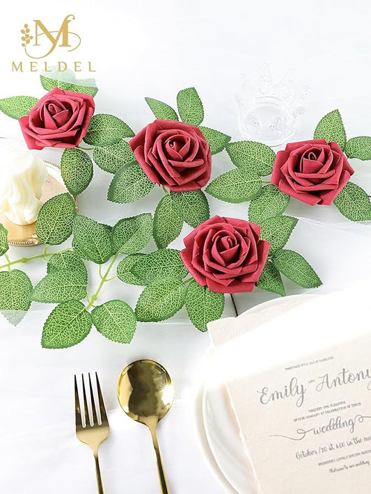 Meldel Artificial Flower 50pcs Real Looking Red Rose Fake Foam Roses with Stems for DIY Wedding Bouquets Gifts Bulk Crafts Faux Floral Centerpieces Arrangements Home Party Tables Decorations