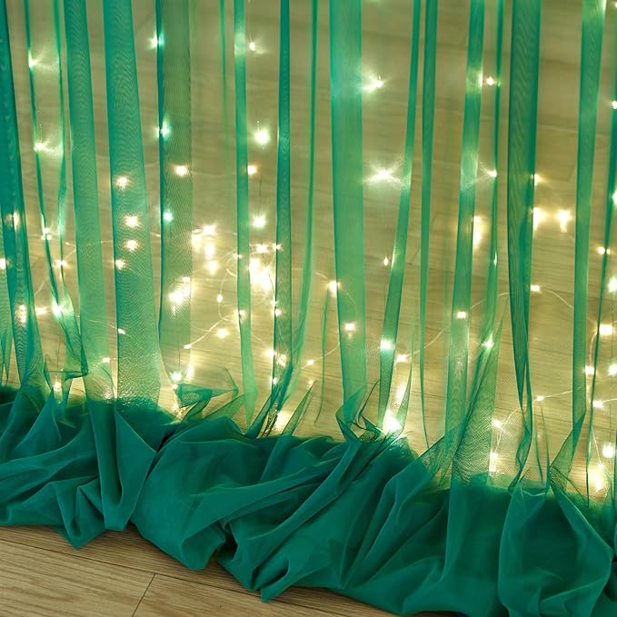 10ft x 10ft Hunter Green Tulle Photo Backdrop Curtain with Lights String for Christmas Party Sheer Curtain Backdrop Drapes for Birthday Party Holiday Wedding Photo Booth Background Room Decorations