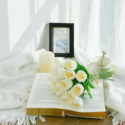Mandy's Artificial Tulips 12 Stems White Partially Open PU Faux Flowers for Thanksgiving and Christmas Decorations Wedding Home Decor 13.5 Inch