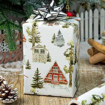 MAYPLUSS Christmas Wrapping Paper Roll - 17 In x 33 Feet - Cute Watercolor Christmas Tree Log Cabin Gift Wrap Paper for New Year, Holiday, Kids