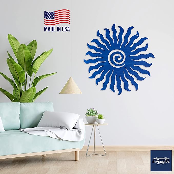 Riverside Designs Sunburst Metal Wall Art Steel Outdoor Decor - Heavy-Duty and Waterproof - Made in USA (30", Blue)