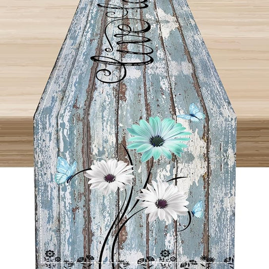 Daisy Floral Table Runner, Rustic Seasonal Spring Wild Flower Rustic Blue Wood Farmhouse Table Center Decor for Family Kitchen Farmhouse Holiday Party Table Decorations Indoor Outdoor 13x36 inch