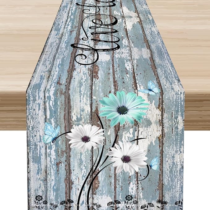 Daisy Floral Table Runner, Rustic Seasonal Spring Wild Flower Rustic Blue Wood Farmhouse Table Center Decor for Family Kitchen Farmhouse Holiday Party Table Decorations Indoor Outdoor 13x72 inch