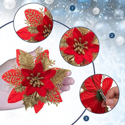24Pcs Christmas Poinsettia Artificial Flowers and Glitter Berries Kit, 2 Styles Total 16Pcs Christmas Tree Flowers Ornaments, 8Pcs Christmas Tree Picks for Wedding Holiday Decorations, Red Gold