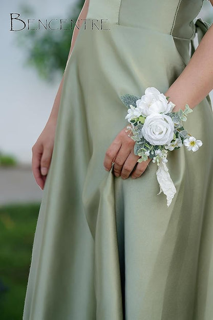 White Corsages for Wedding(Set of 6),Corsages for Prom,Party Prom Hand Flower Decor,Mother of The Bride Corsage,Bridesmaid Wrist Corsage