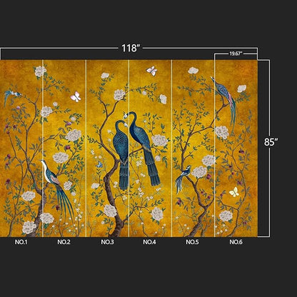 Golden Chinese Style Flowers Birds Large Wall murals Peel and Stick Wallpaper for Bedroom Living Room - 85"x118"