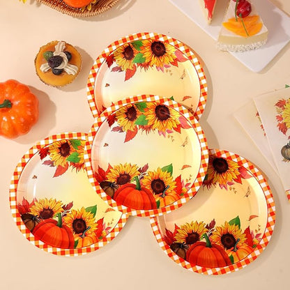 Sunflower Plates and Napkins Set for 50 Guests – Disposable Fall Party Supplies, Pumpkin Design for Sunflower Thanksgiving Party Decoration
