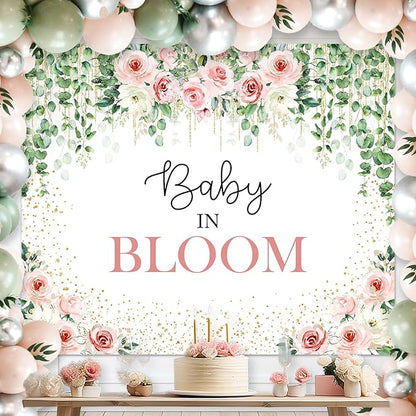 Avezano Baby in Bloom Backdrop Sage Green Leaves with Pink Flowers Baby Shower Party Decorations Baby Girl's Greenery Floral Nature Theme Photography Background Cake Table Banner (6x5ft(72x60in))