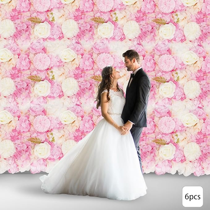 Artificial Flower Wall Panels, 6PCS Dahlia+Rose+Hydrangea Wedding Flower Wall, 3D Floral Panels Artificial Floral WallMat Flower Screen for Photo Party Wedding WallBackground Decor, White+Pink