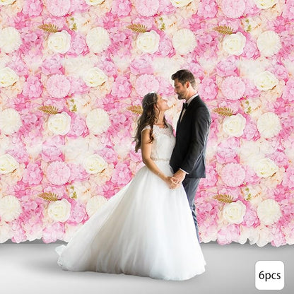 Artificial Flower Wall Panels, 6PCS Dahlia+Rose+Hydrangea Wedding Flower Wall, 3D Floral Panels Artificial Floral WallMat Flower Screen for Photo Party Wedding WallBackground Decor, White+Pink