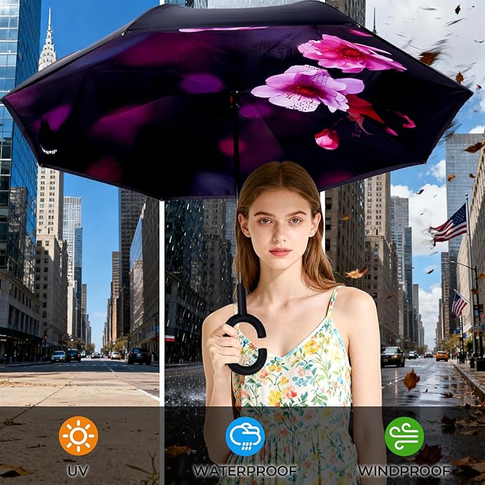 Inverted Umbrella, 49 Inch Double-Layer Vented Reverse Umbrella, Windproof Waterproof UV Protection, Lightweight C-Handle, Fiberglass Ribs, Steel Shaft, Travel/Commute/Car Use, With Sleeve