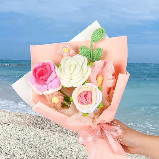 Crochet Flower Bouquet, Pink Rose Handmade Crochet Flowers Knitted Bouquet for Birthday, Wedding, Anniversary, Graduation Gift for Her, Girlfriend, Wife, Women (Pink)
