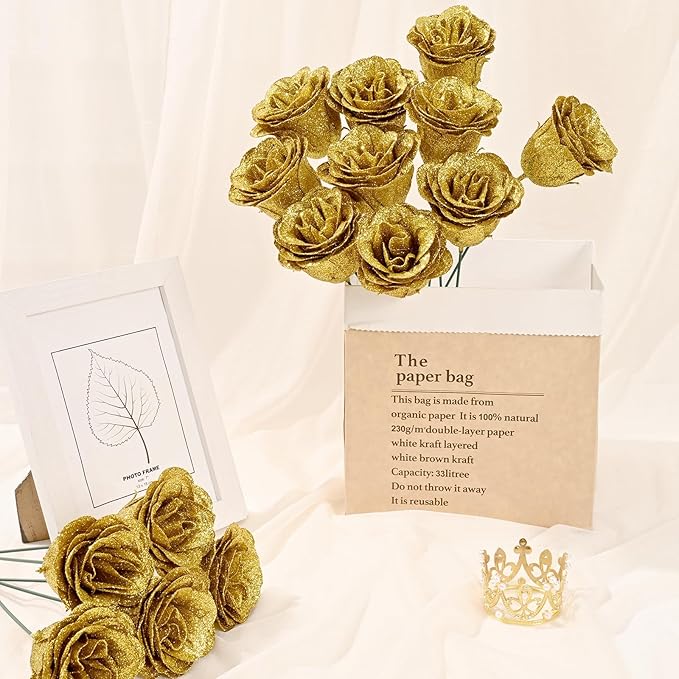 Waipfaru Glitter Roses Bouquet, DIY Fake Flowers Bouquet, Birthday Gifts for Women Mom, 36 Pcs Gold Rose for Grandma Wife Girlfriend Valentines, Mothers Day, Anniversary, Graduation