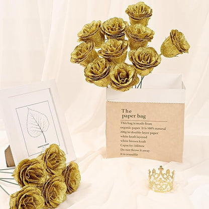 Waipfaru Glitter Roses Bouquet, DIY Fake Flowers Bouquet, Birthday Gifts for Women Mom, 36 Pcs Gold Rose for Grandma Wife Girlfriend Valentines, Mothers Day, Anniversary, Graduation