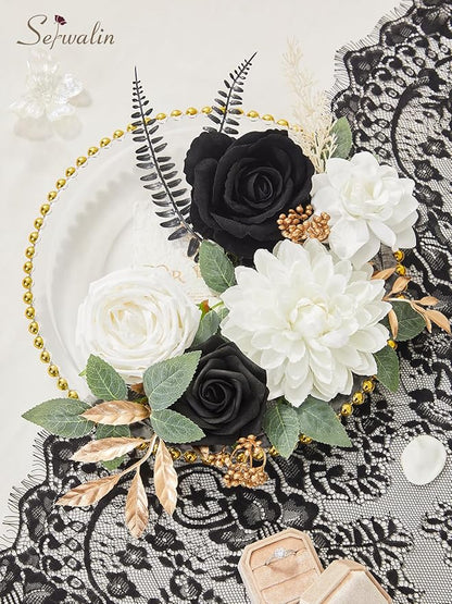 Serwalin Black Artificial Flowers, White Roses Silk Fake Flowers for DIY Wedding Bridal Bouquets, Wedding Cake Flowers for Table Centerpieces Baby Shower Birthday Party Home Decorations