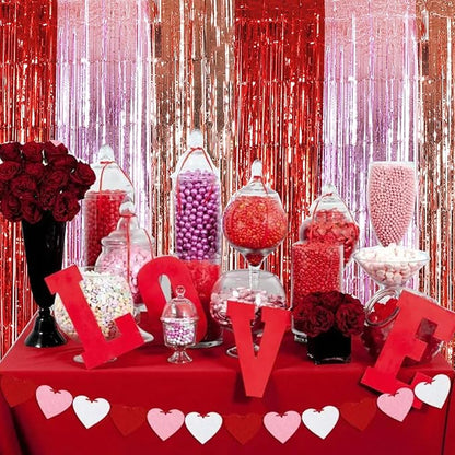 TONIFUL Valentine's Day Door Streamers,Red Pink and Rose Gold Photo Booth Backdrop Metallic Streamers Foil Fringe Curtain for Birthday Valentine's Day Bridal Shower Engagement Party Decoration