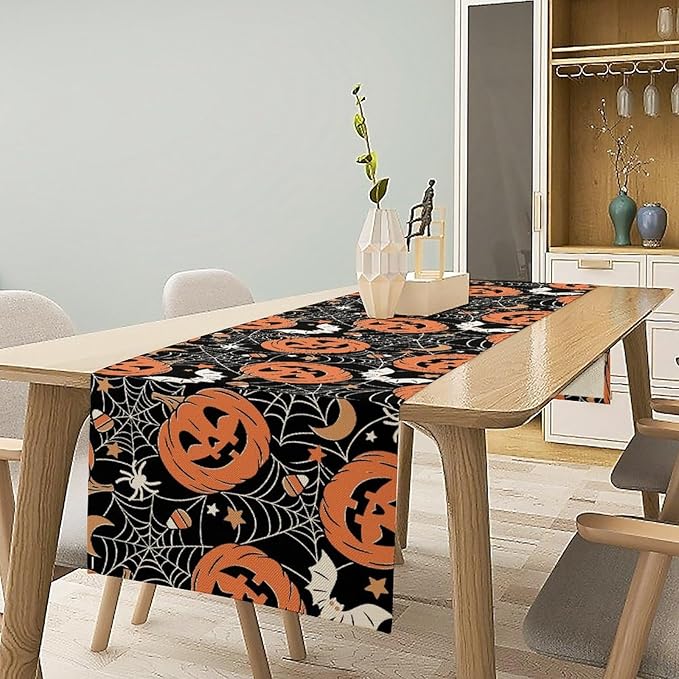 Bat Table Runner,Halloween Pumpkin Spider Web Table Runner for Home Kitchen Table Dining Garden Farmhouse Wedding Party Decor 13x60 Inch