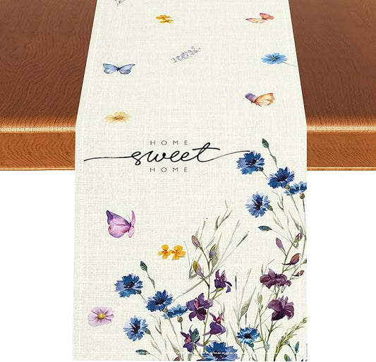 Blue Floral Table Runner, Spring Summer Watercolor Wildflower Butterfly Country Farmhouse Coffee Table Center Decor for Home Kitchen Dining Patio Holiday Party Table Decorations 13x36 inches