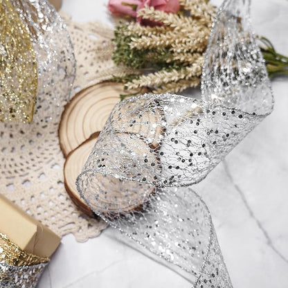 CT CRAFT LLC Sparkling Glitter Mesh Wired Ribbon 2.5" x 20 Yards Silver for Christmas Home Decor Bow Gift Wrapping DIY Crafts Wreath
