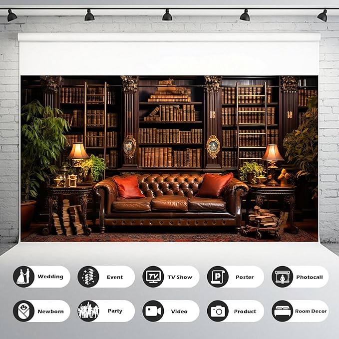 Vintage Luxury Library Bookshelf Backdrop School Library Bookshelf Collection Photography Background Home Office Sofa Business Conversation Room Retro Books Shelves Background Videos Prop 8x6ft