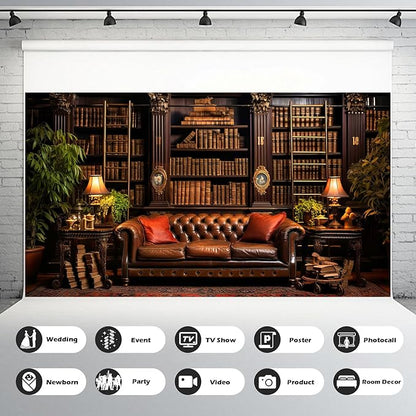 Vintage Luxury Library Bookshelf Backdrop School Library Bookshelf Collection Photography Background Home Office Sofa Business Conversation Room Retro Books Shelves Background Videos Prop 8x6ft