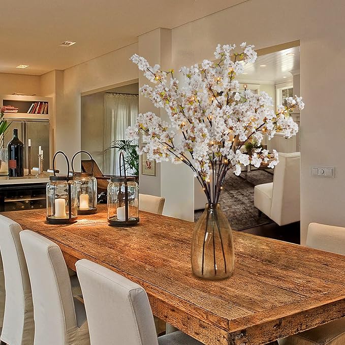 Sunm Boutique 3 PCS Silk Cherry Blossom Branches, Lighted Brown Twig Branches, Artificial White Cherry Blossom Flower, Cherry Blossom Stems Decor Faux Cherry Blossom Tree for Wedding Home Decor, 39'