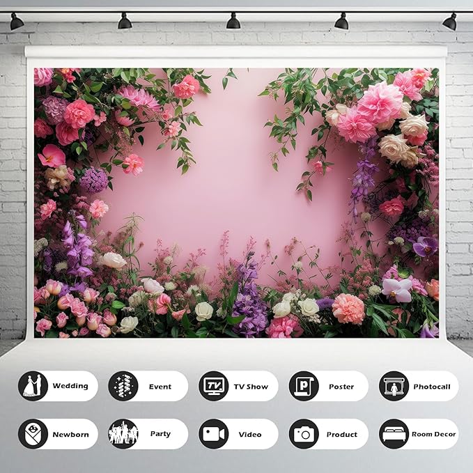 Flowers Photography Backdrop Colorful Flowers Composition Green Leaves on Pink Background for Girls Kids Children Wall Banner Cake Table Decoration Video Studio Photo Portrait Props 8x6ft