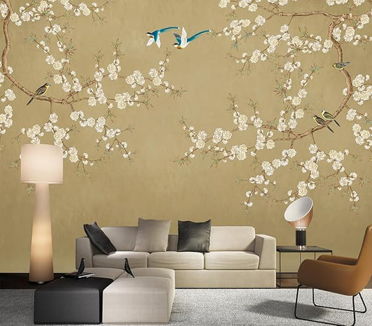 Eierme-Beautiful Background China Art. Flower with Bird Mural Wallpaper Peel and Stick 160" x 114"