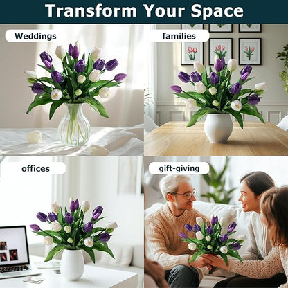 20PCS Fake Tulips Artificial Tulip Silk Flowers Fake PU Bouquet Artificial Flowers Faux Flowers with Gift Box Soft Faux Tulips Bouquets Arrangements for Party Wedding Home