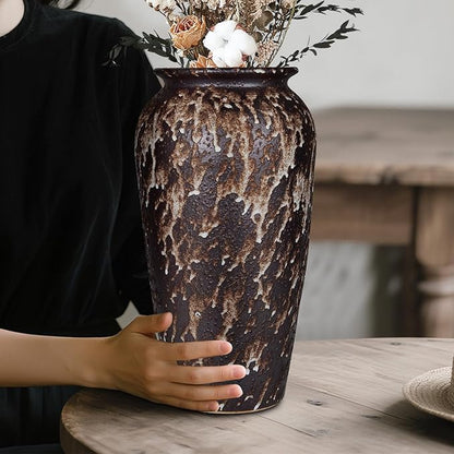 Ceramic Rustic Floor Vase, 12" Large Farmhouse Flower Vase for Home Decor, Vintage Vase Decor for Living Room Centerpieces,Office,Housewarming,Wedding