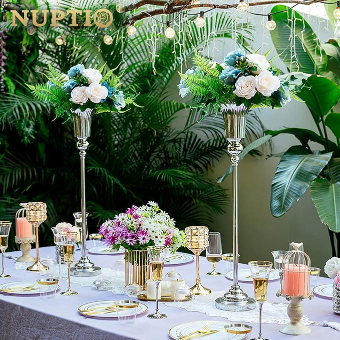 NUPTIO Centerpiece Vase Tall Wedding: 2 Pcs 30.5" Silver Flower Stand for Table Metal Trumpet Vase for Party Decorations