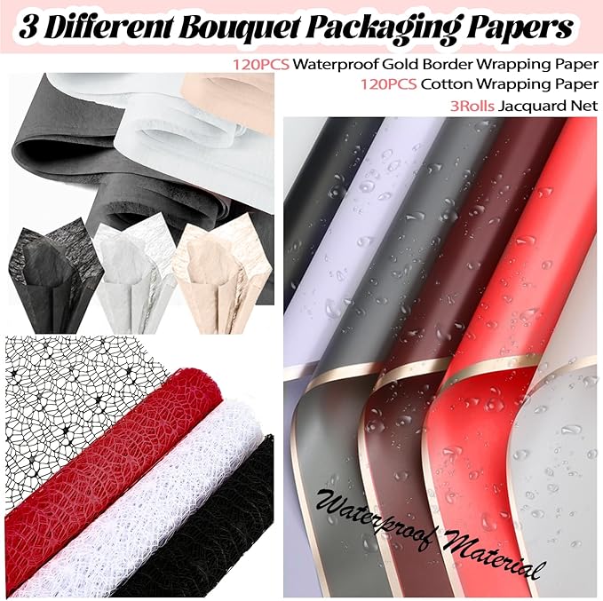512Pcs Flower Wrapping Paper Kit with 120 Sheets Waterproof Floral Wrapping Paper 3D Butterfly Decor Crowns,Bouquet Pins Ribbons,DIY Crafts for Mother's Day Valentines Graduation Birthday Gift