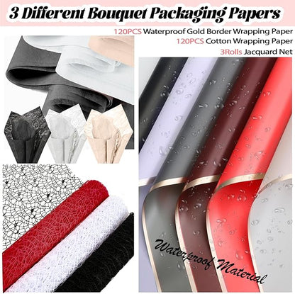 512Pcs Flower Wrapping Paper Kit with 120 Sheets Waterproof Floral Wrapping Paper 3D Butterfly Decor Crowns,Bouquet Pins Ribbons,DIY Crafts for Mother's Day Valentines Graduation Birthday Gift